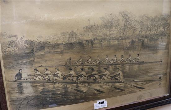 An 1877 University boat race lithograph Dead Heat, 41 x 64cm